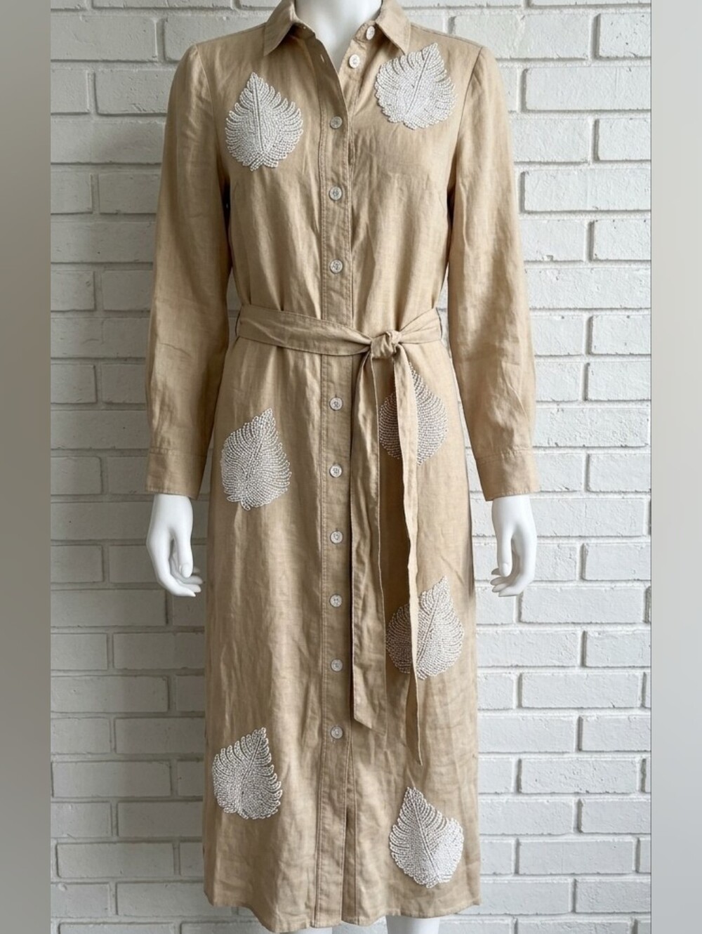ZARA Limited Edition Beaded Linen Blend Embroidered Palm Leaf Midi Shirt Dress